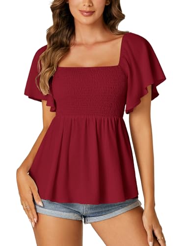 LYANER Damen-Babydoll-Bluse mit quadratischem Ausschnitt, gesmoktes Schößchen, Rüschen, kurze Ärmel, gerafft, Burgunder, Groß von LYANER