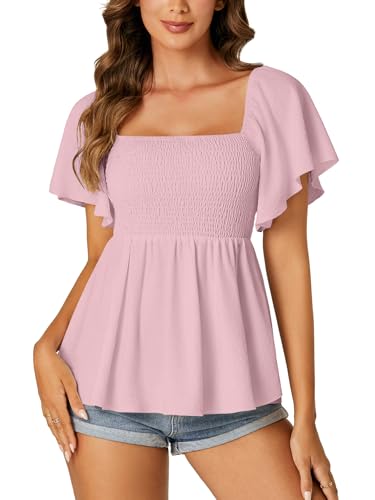 LYANER Damen-Babydoll-Bluse mit quadratischem Ausschnitt, gesmoktes Schößchen, Rüschen, kurze Ärmel, gerafft, Pink, Mittel von LYANER