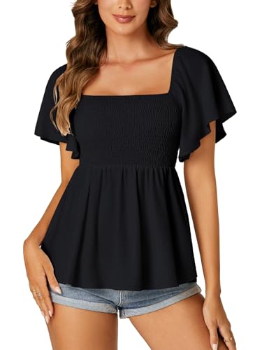 LYANER Damen-Babydoll-Bluse mit quadratischem Ausschnitt, gesmoktes Schößchen, Rüschen, kurze Ärmel, gerafft, Schwarz, Klein von LYANER