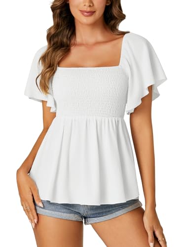 LYANER Damen-Babydoll-Bluse mit quadratischem Ausschnitt, gesmoktes Schößchen, Rüschen, kurze Ärmel, gerafft, Weiss/opulenter Garten, Groß von LYANER