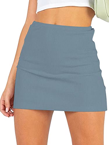 LYANER Damen Basic Gerippt Strick Stretch Elastisch Kurz Mini Bleistift Bodycon Rock, dusty blue, Groß von LYANER