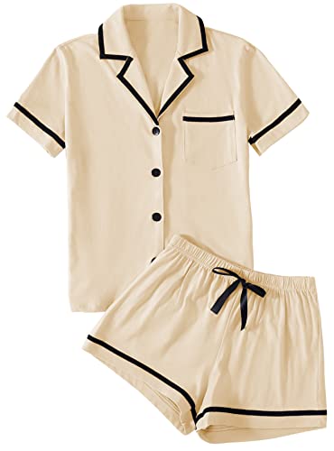 LYANER Damen Baumwolle Pyjama Set Knopf Kurzarm Shirt mit Shorts Set PJs Loungewear, Beige, S von LYANER