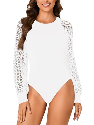 LYANER Damen-Body mit Rundhalsausschnitt, Spitze, Aushöhlung, lange Ärmel, schmale Passform, dehnbarer Gymnastikanzug, Weiss/opulenter Garten, S LYANER Damen-Body mit Rundhalsausschnitt, Spitze, Aushöhlung, lange Ärmel, schmale Passform, dehnbarer Gymnastikanzug, Weiss/opulenter Garten, S von LYANER