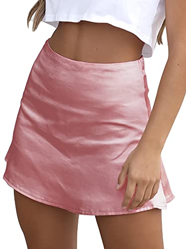 LYANER Damen Casual Blumendruck Satin Seide Hohe Taille Reißverschluss Mini Kurz Rock, Solid Pink, Klein von LYANER