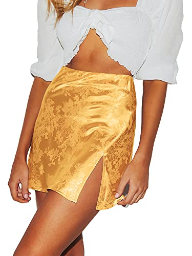 LYANER Damen Elegant Jacquard Seite Split Schlitz Reißverschluss Hohe Taille Mini Kurzer Rock, Gelb, S von LYANER