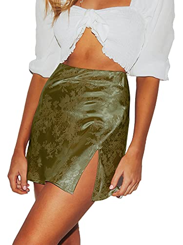 LYANER Damen Elegant Jacquard Seite Split Schlitz Reißverschluss Hohe Taille Mini Kurzer Rock, Grün (Army Green), Mittel von LYANER