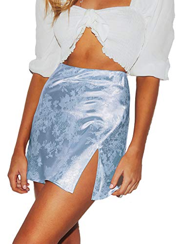 LYANER Damen Elegant Jacquard Seite Split Schlitz Reißverschluss Hohe Taille Mini Kurzer Rock, Hell, blau, Klein von LYANER