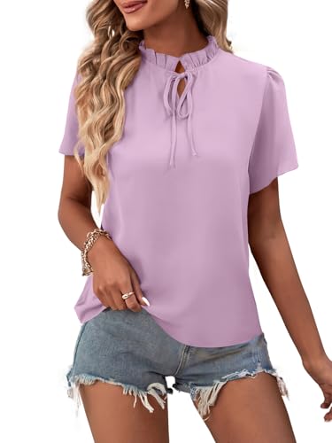 LYANER Damen Elegant Rüschen Stehkragen Rüschen Kurzarm Bluse Arbeitshemd Top, hellviolett, Mittel von LYANER