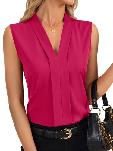 LYANER Damen Elegant V-Ausschnitt Plissee Ärmellos Bluse Chiffon Arbeitsshirt Tank Top, Rose, Groß von LYANER