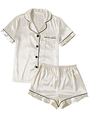 LYANER Damen Schlafanzug, gestreift, seidig, Satin, kurzärmelig, Oberteil mit Shorts, Nachtwäsche-Set, Champagner Nr. 2, XS von LYANER