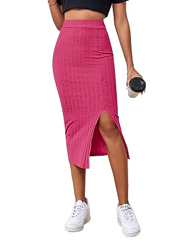 LYANER Damen Hohe Taille Dehnbar Rippstrick Split Schlitz Saum Midi Bleistiftrock, Hot Pink #2, Mittel von LYANER