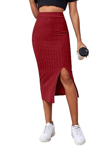 LYANER Damen Hohe Taille Dehnbar Rippstrick Split Schlitz Saum Midi Bleistiftrock, Rot#2, Klein von LYANER