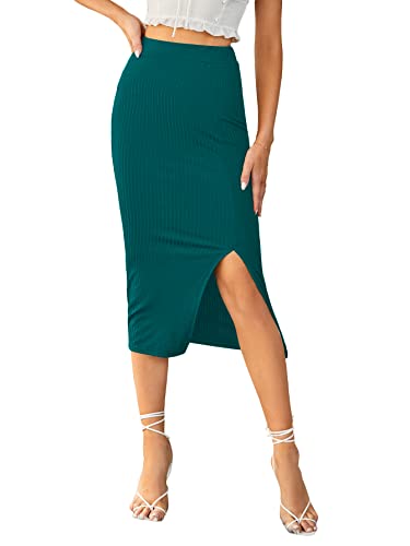 LYANER Damen Hohe Taille Stretchy Rippstrick Split Schlitz Saum Midi Bleistiftrock, petrol, Mittel von LYANER