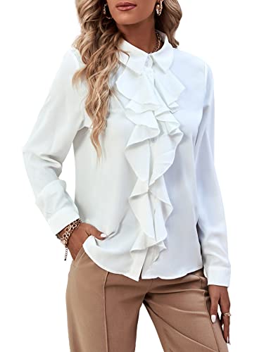 LYANER Damen Kragen Ausschnitt Knopfleiste Rüschen Vorne Langarm Bluse Shirt Top, Weiß, Mittel von LYANER