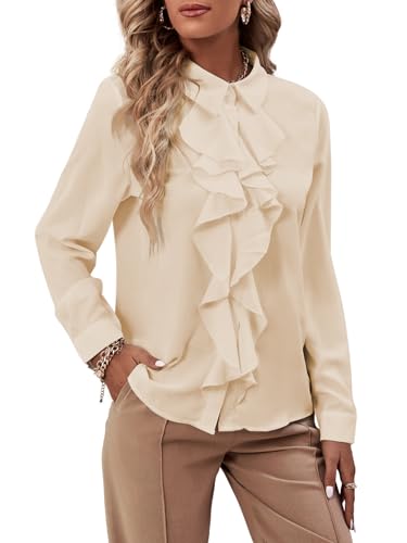 LYANER Damen Kragen Hals Button Down Rüschen Front Langarm Bluse Shirt Top, Beige, Mittel von LYANER