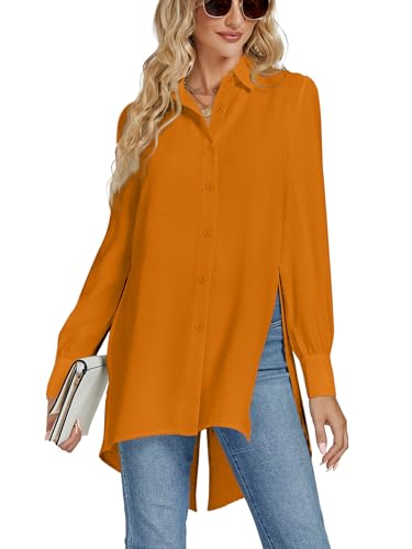 LYANER Damen Kragen V Ausschnitt Split Hem Button Down Langarm Longshirt Bluse Tunika Top, Orange/Abendrot im Zickzackmuster (Sunset Chevron), Small von LYANER