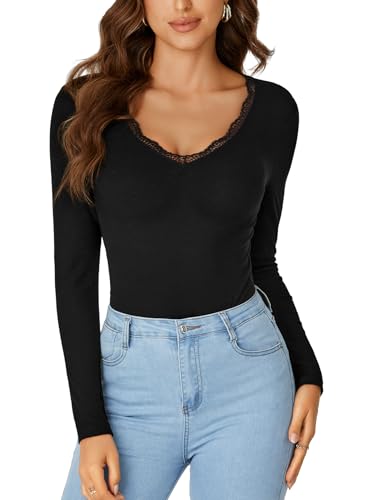 LYANER Damen Langarmshirts Spitze V-Ausschnitt Basic Casual Rippstrick Tops Herbst Niedlich Mode Winter Kleidung, Schwarz, XX-Large von LYANER