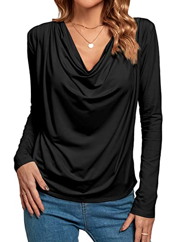 LYANER Damen Loose Cowl Neck Ruched Stretch Langarm Bluse Shirt Top, Schwarz, Klein von LYANER