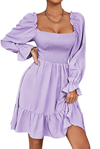 LYANER Damen-Minikleid mit quadratischem Ausschnitt, Laterne, lange Ärmel, Rüschen, gerafft, fließendes Party-Minikleid, Violett, Klein von LYANER