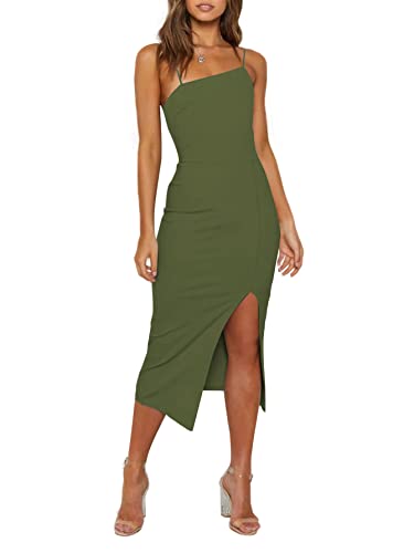 LYANER Damen-Midikleid mit Spaghettiträgern, geteilter Saum, ärmellos, Reißverschluss, figurbetont, Midikleid, Grün (Army Green), Klein von LYANER