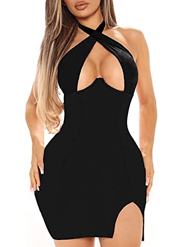 LYANER Damen-Minikleid mit Cut-Out-Ausschnitt, Neckholder, Wickelkleid, sexy, figurbetont, Tank-Minikleid - Schwarz - XX-Large von LYANER