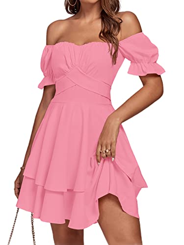 LYANER Damen Minikleid mit Raffung, schulterfrei, Wickelschicht, Rüschen, kurzärmelig, Pink, Mittel von LYANER