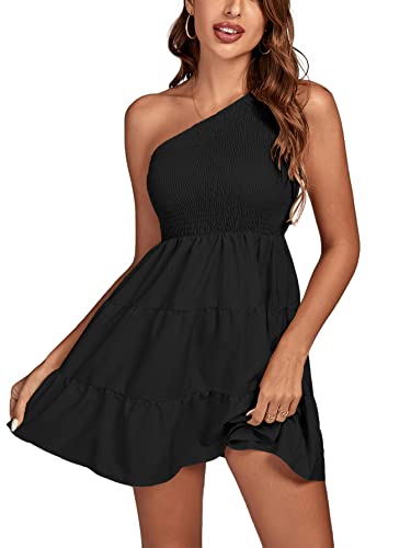 LYANER Damen Minikleid mit einer Schulter, gesmokt, gerafft, gestuft, Rüschen, ärmellos, A-Linie, Schwarz, Klein LYANER Damen Minikleid mit einer Schulter, gesmokt, gerafft, gestuft, Rüschen, ärmellos, A-Linie, Schwarz, Klein von LYANER