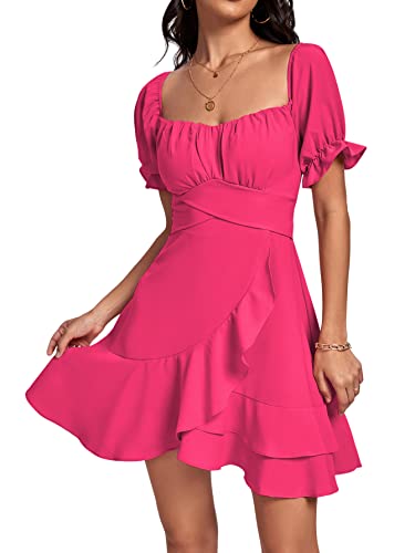 LYANER Damen-Minikleid mit quadratischem Ausschnitt, Rüschen, schulterfrei, Volant, kurze Ärmel, A-Linie, fließendes Kleid, Rose, Groß von LYANER