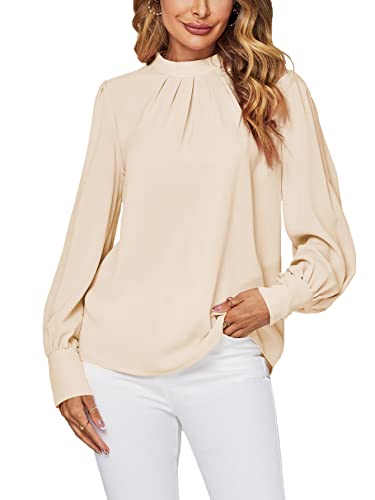 LYANER Damen Mock Neck Plissee Solid Langarm Bluse Office Shirt Top, Beige, Groß von LYANER