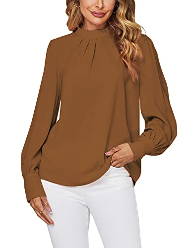 LYANER Damen Mock Neck Plissee Solid Langarm Bluse Office Shirt Top, Braun, Groß von LYANER