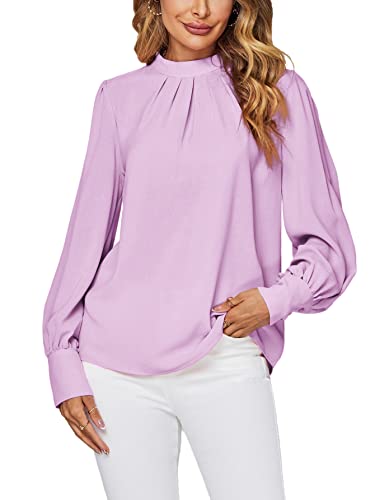 LYANER Damen Mock Neck Plissee Solid Langarm Bluse Office Shirt Top, Helles Violett, Groß von LYANER