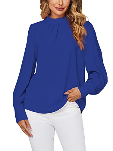 LYANER Damen Mock Neck Plissee Solid Langarm Bluse Office Shirt Top, Königsblau, Groß von LYANER