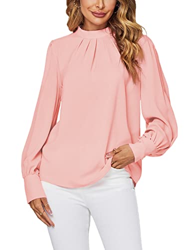 LYANER Damen Mock Neck Plissee Solid Langarm Bluse Office Shirt Top, Pink, Klein von LYANER
