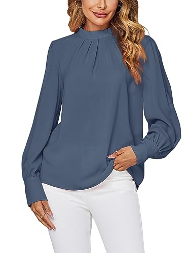 LYANER Damen Mock Neck Plissee Solid Langarm Bluse Office Shirt Top, dusty blue, Mittel von LYANER