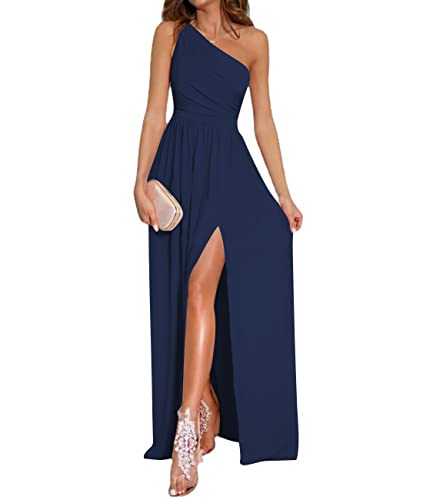 LYANER Damen One Shoulder High Split Ärmelloses gerüschtes Cocktailkleid Sexy Maxi Langes Kleid, Marineblau, Klein von LYANER