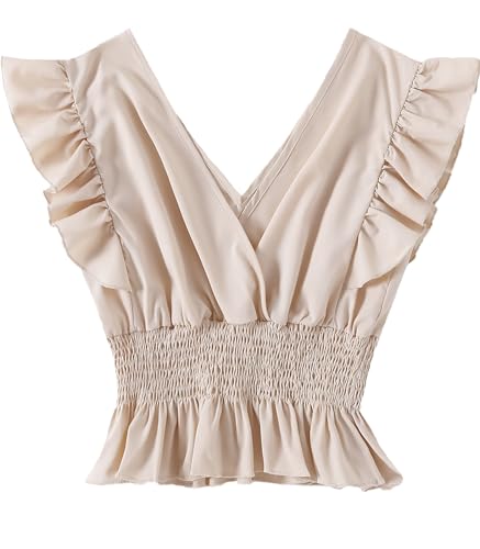 LYANER Damen Polka Dots V Ausschnitt Rüschen Cap Sleeve Geraffte Bluse Crop Tank Top - Beige - X-Groß von LYANER
