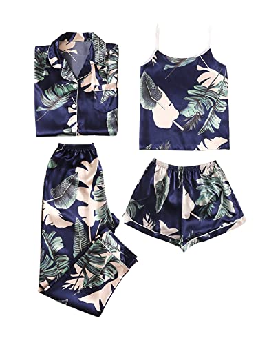 LYANER Damen-Pyjama-Set, 4-teilig, Satin-Seide, Cami-Top, Knopfleiste, Loungewear-Pyjama-Set, Marineblau, L von LYANER