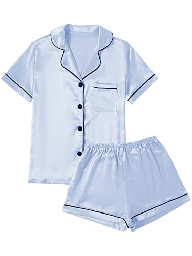 LYANER Damen-Pyjama-Set, Satin, kurzärmelig, Knopfhemd, seidige Nachtwäsche mit Shorts, Set PJ, Babyblau, XS von LYANER