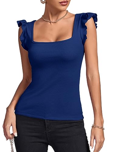 LYANER Damen Quadratischer Ausschnitt Rüschen Flügelärmel Tank Top Rippstrick Ärmelloses T-Shirt, Königsblau, Groß von LYANER