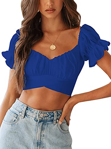 LYANER Damen Rüschen Kurzarm Tie Up Back Crop Top Schulterfrei Bardot-Bluse, königsblau, Klein von LYANER