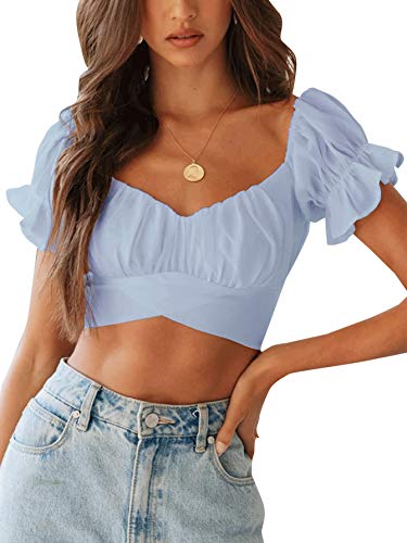 LYANER Damen Rüschen Kurzarm Tie Up Back Crop Top Schulterfrei Bardot-Bluse - Blau - Klein von LYANER