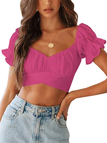 LYANER Damen Rüschen Kurzarm Tie Up Back Crop Top Schulterfrei Bardot-Bluse - Pink - Klein von LYANER