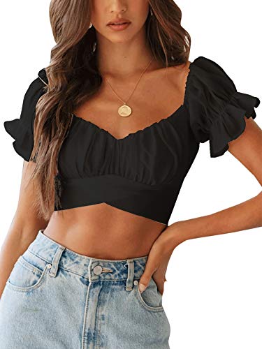 LYANER Damen Rüschen Kurzarm Tie Up Back Crop Top Schulterfrei Bardot-Bluse - Schwarz - Mittel von LYANER