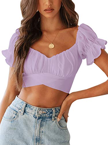 LYANER Damen Rüschen Kurzarm Tie Up Back Crop Top Schulterfrei Bardot-Bluse - Violett - Groß von LYANER