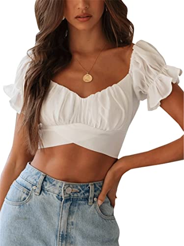 LYANER Damen Rüschen Kurzarm Tie Up Rücken Crop Top Schulterfrei Bardot-Bluse, Weiß, Klein von LYANER