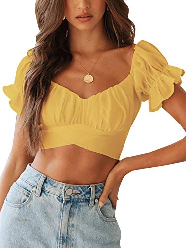 LYANER Damen Rüschen Kurzarm Tie Up Rücken Crop Top Schulterfrei Bardot-Bluse, gelb, Mittel von LYANER