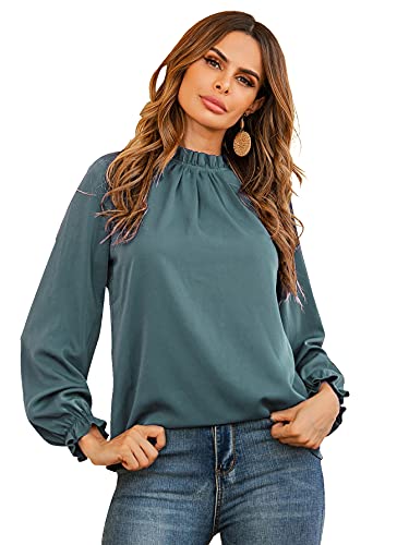 LYANER Damen Rüschen Mock Neck Volant Langarm Solide Bluse Büro Hemd Top, Blaugrün, Klein von LYANER