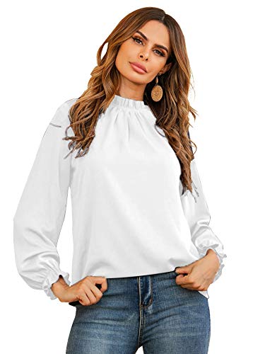 LYANER Damen Rüschen Mock Neck Volant Langarm Solide Bluse Büro Hemd Top, Weiß, X-Groß von LYANER