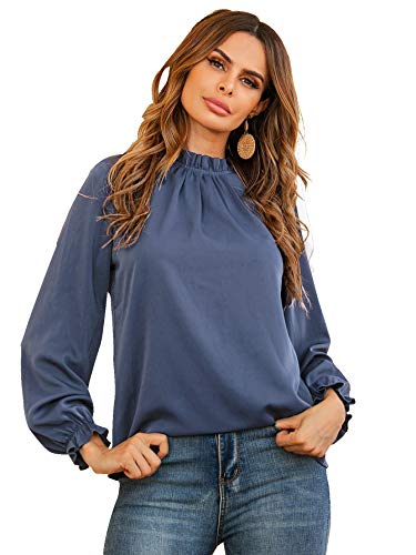 LYANER Damen Rüschen Mock Neck Volant Langarm Solide Bluse Büro Hemd Top, dusty blue, Klein von LYANER