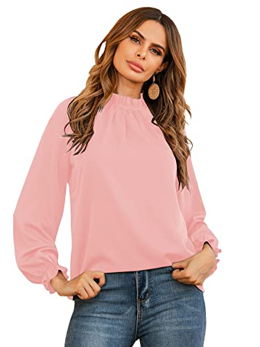 LYANER Damen Rüschen Stehkragen Volant Langarm Solid Bluse Office Shirt Top, Pink, X-Klein von LYANER